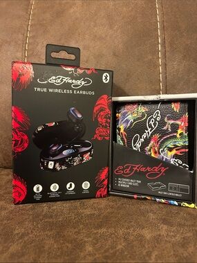 Ed Hardy True Wireless Earbuds - Black with Multicolor Design & Men Wallet